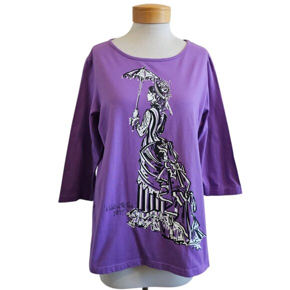 Bob Mackie A Walk In The Park 1875 Steampunk Purple Graphic 3/4 Sleeve Top L - Picture 1 of 10